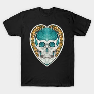 Skull head silver and turquoise in vintage heart. T-Shirt